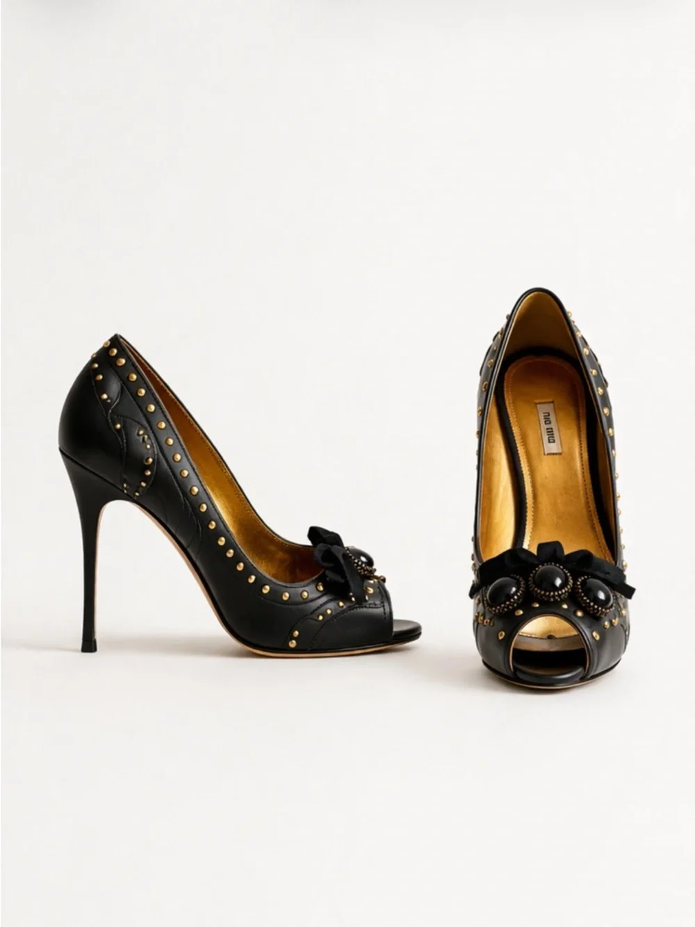Miu Miu Leather studded peeptoe pumps cabochon & bows size 35